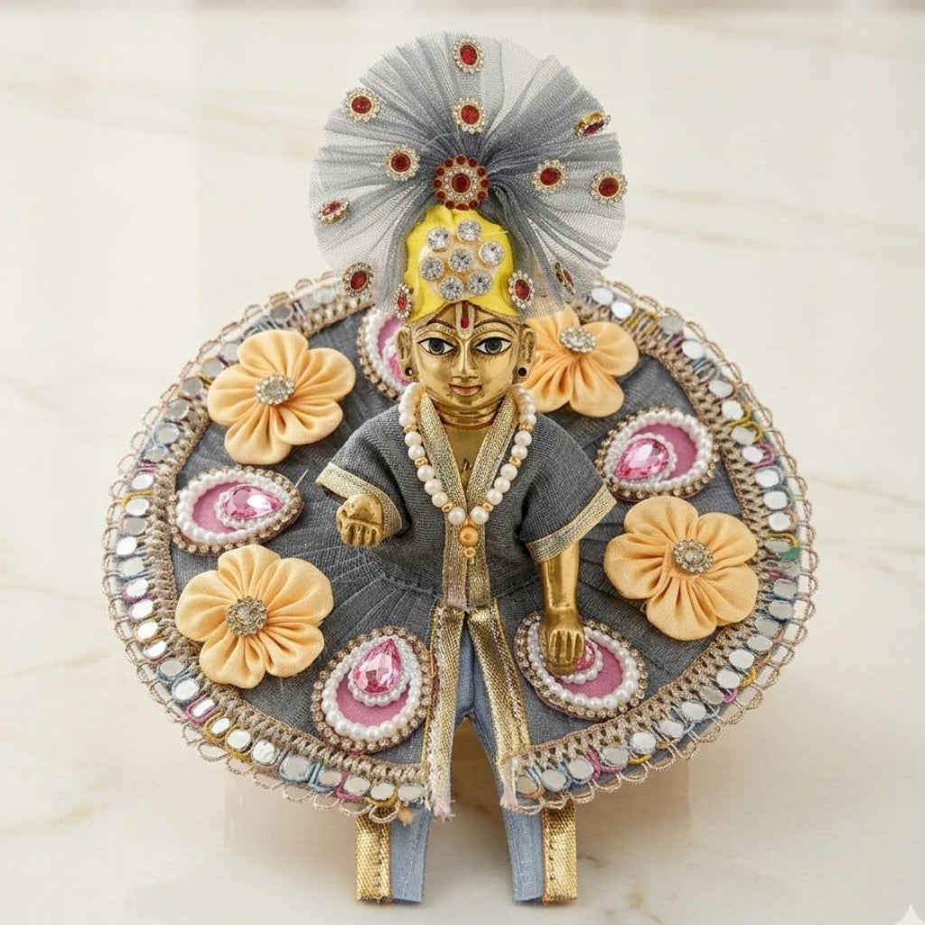 Govinda Kunj Kalika Slate Grey Laddu Gopal Dress with Cream Fabric Flowers and Mirror Work Lace