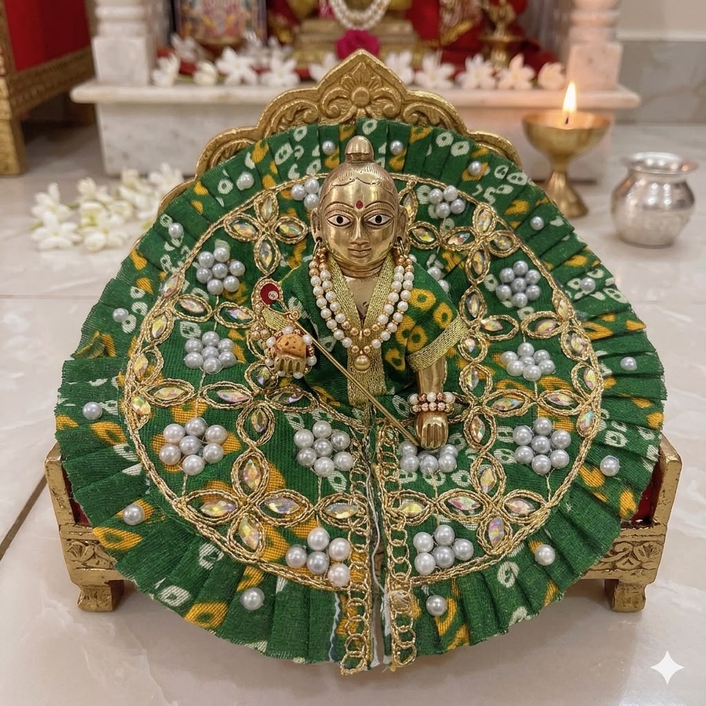 Premium Green Bandhani Laddu Gopal Dress with Pearl and Zari Work
