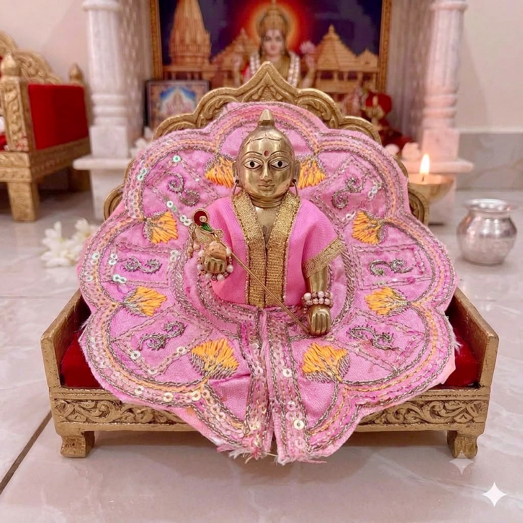 Soft Pink Bal Gopal Poshak with Orange Silk Threadwork and Sequin Accents
