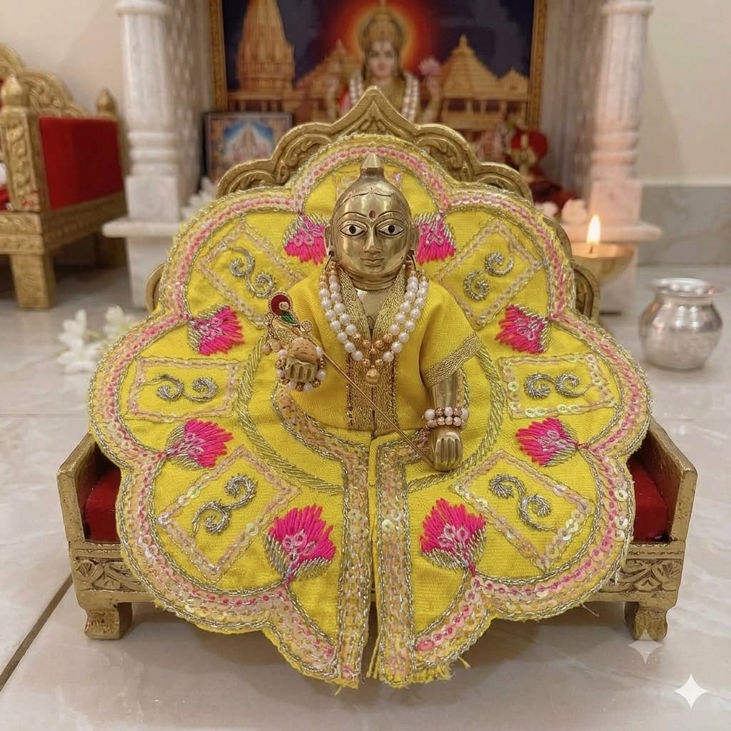 Madhur Vrinda Kamalini Yellow Laddu Gopal Dress with Hot Pink Silk Thread Fan Embroidery and Scalloped Lotus Borders