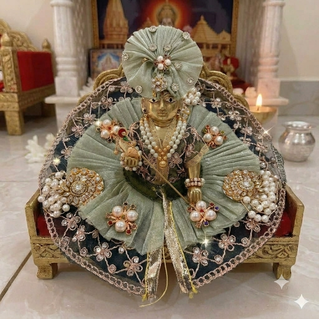 Vaikuntha Vaibhav Mint Green and Dark Layered Net Laddu Gopal Dress with Heavy Pearl Medallions and Matching Fan Mukut