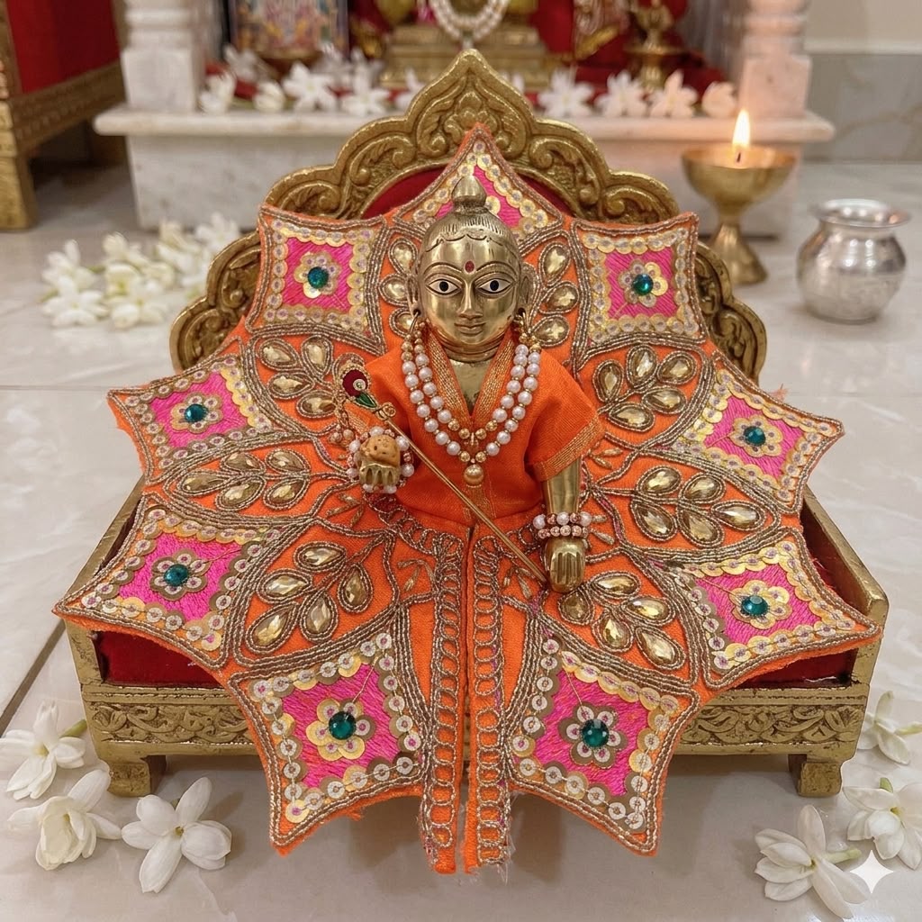 Festive Orange and Pink Star Ghera Bal Gopal Poshak with Zari Leaf Work