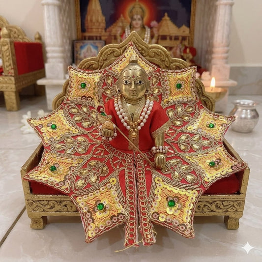 Vraja Nakshatra Red Star Shaped Laddu Gopal Dress with Green Stones and Sequins
